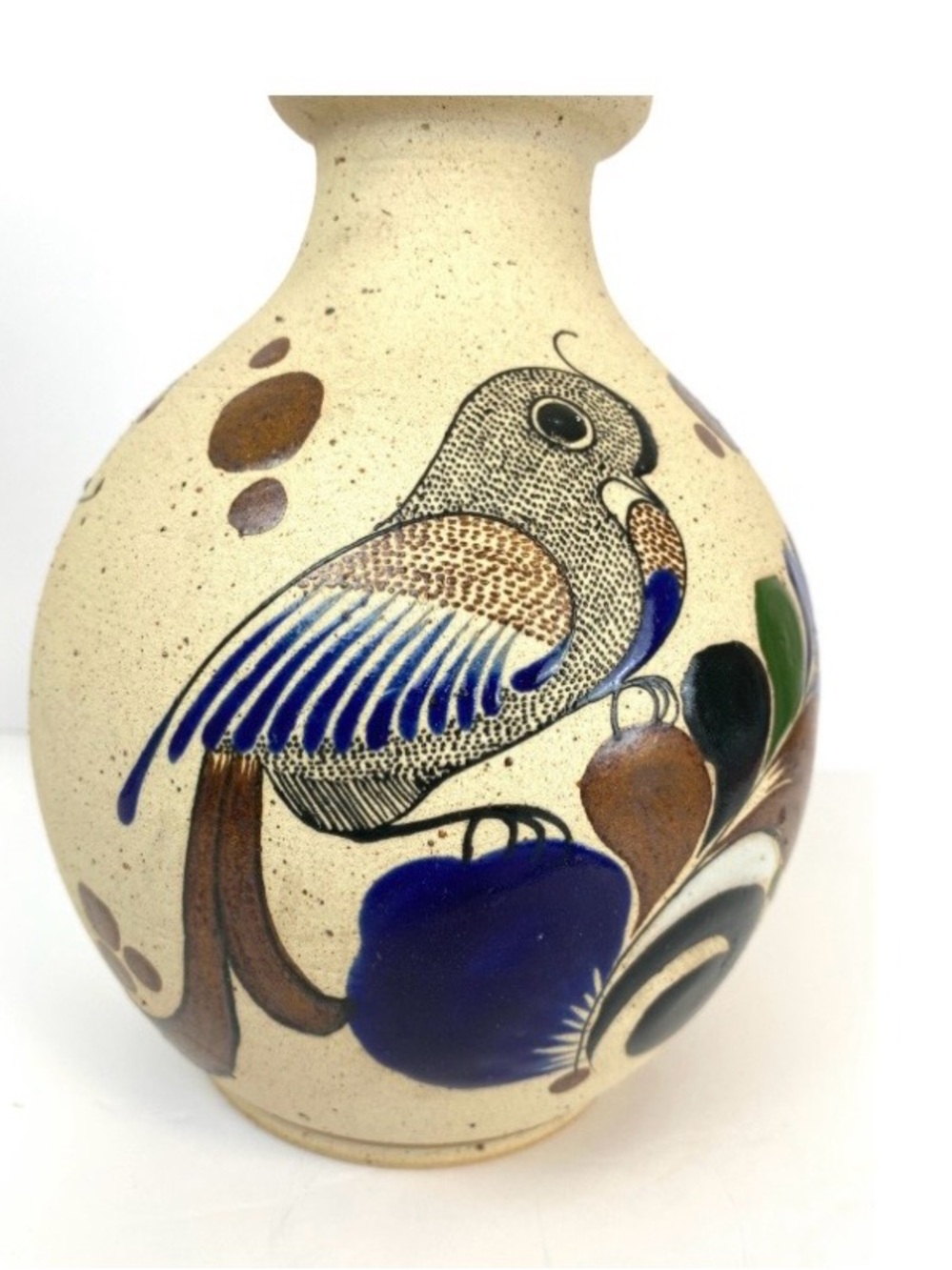 Hand-Painted Mexican Pottery Vase with Bird Motif in Blue, Brown, Green